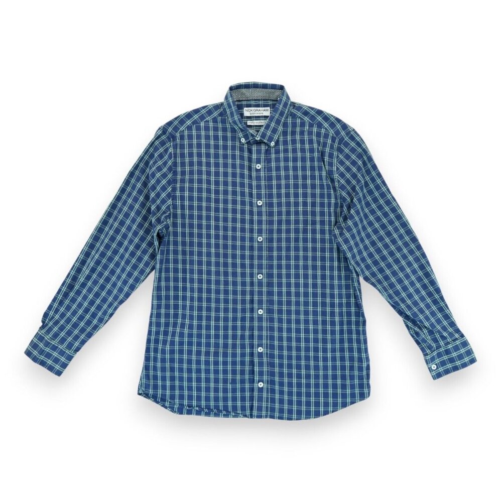 Nick Graham Everywhere Stretch Modern Fit Blue Plaid Shirt Size L 16-16.5  34-35